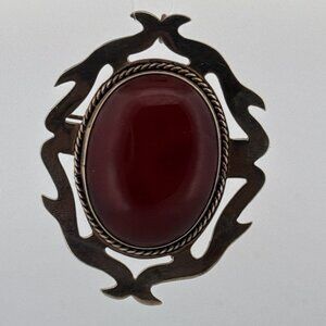 Estate Mexico Sterling Silver 925 Carnelian Cabochon Brooch Pin Pendant 48.3g